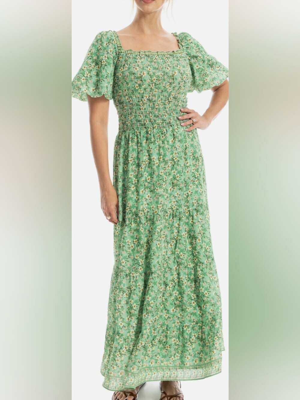 NWT - Max Studio Smocked Puff Sleeve Floral Print Fully Lined Maxi Dress- Size M